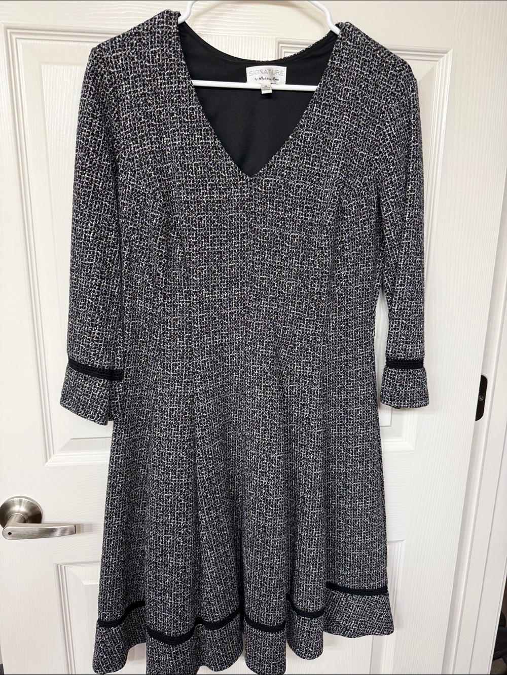 Signature by Robbie Bee Black and White V-Neck Tweed Fit-and-Flare Dress